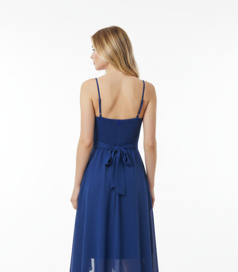 espalda Vestido de Fiesta Corto Turín con Falda de Vuelo y cola azul