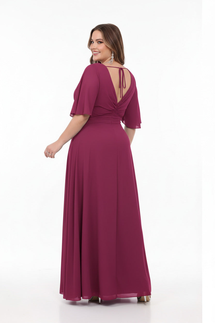 espalda vestido de fiesta largo con manga corta y abertura en la falda magenta