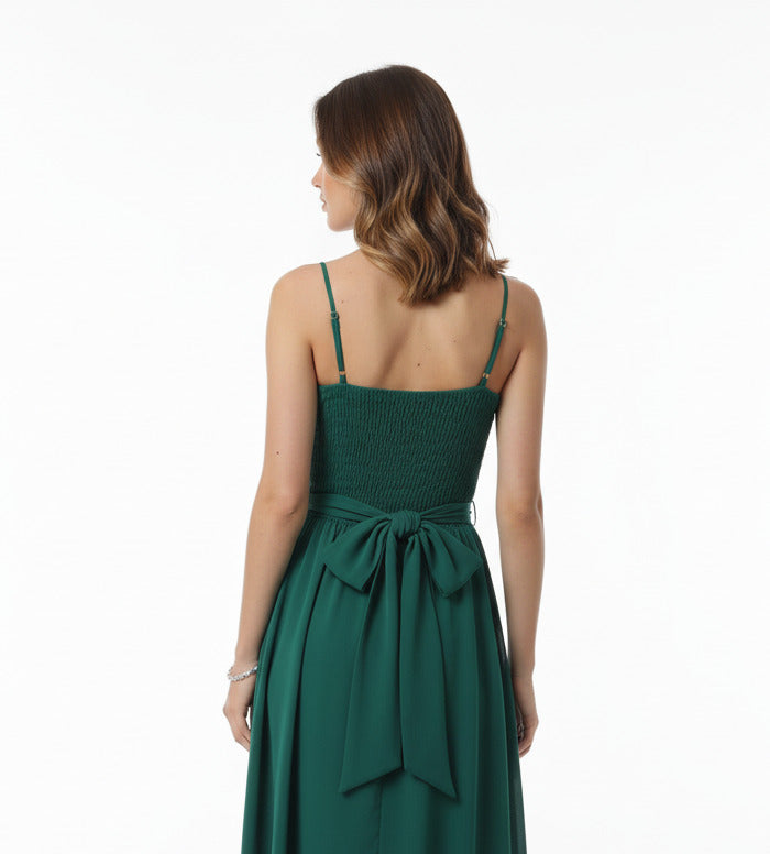 espalda Vestido invitada boda corto con Escote Asimétrico y Flores de Encaje verde