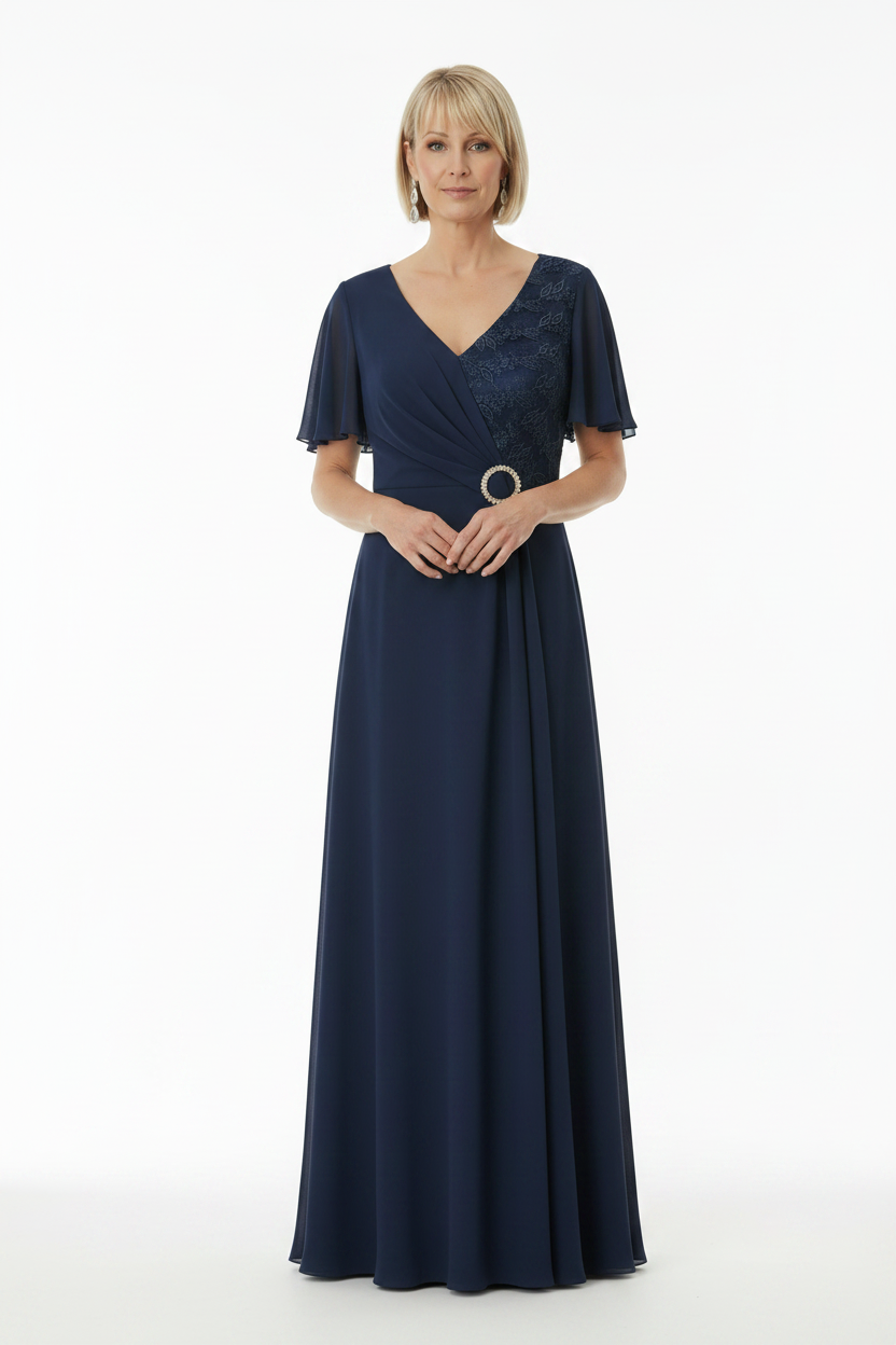 Vestido de fiesta largo azul marino con encaje y brillos