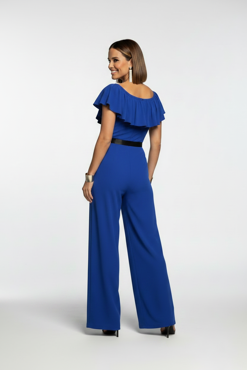 mono de fiesta elegante con escote de volante azul