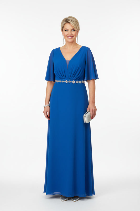 vestido de fiesta talla grande con escote pico y pedreria en la cintura azul