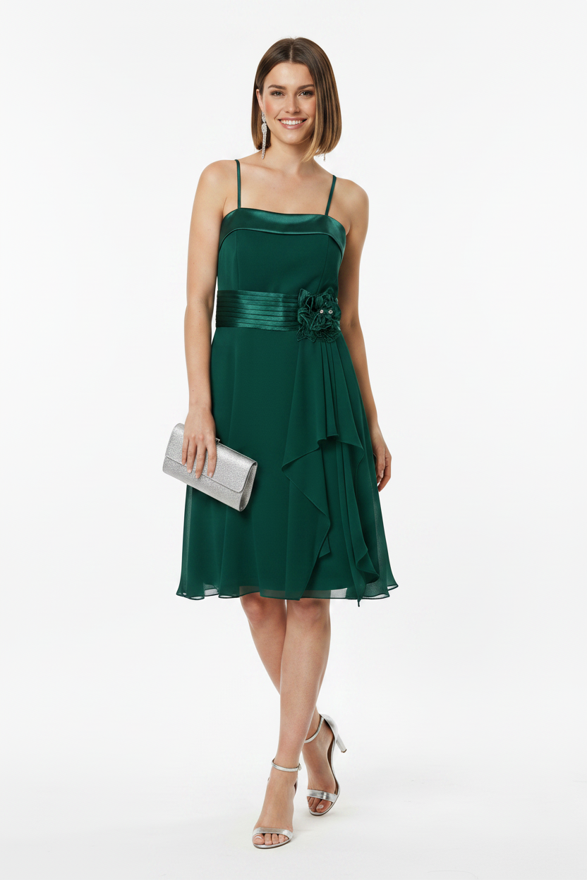 vestido invitada boda corto verde con flor en la cintura