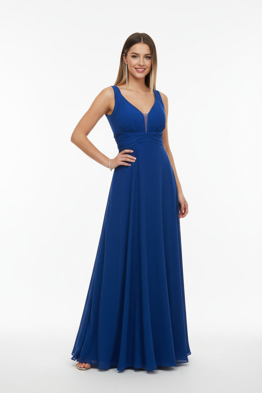 vestido de fiesta largo azul con espalda descubierta con encaje