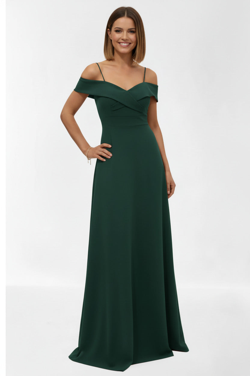 vestido de fiesta largo escote barco verde oscuro