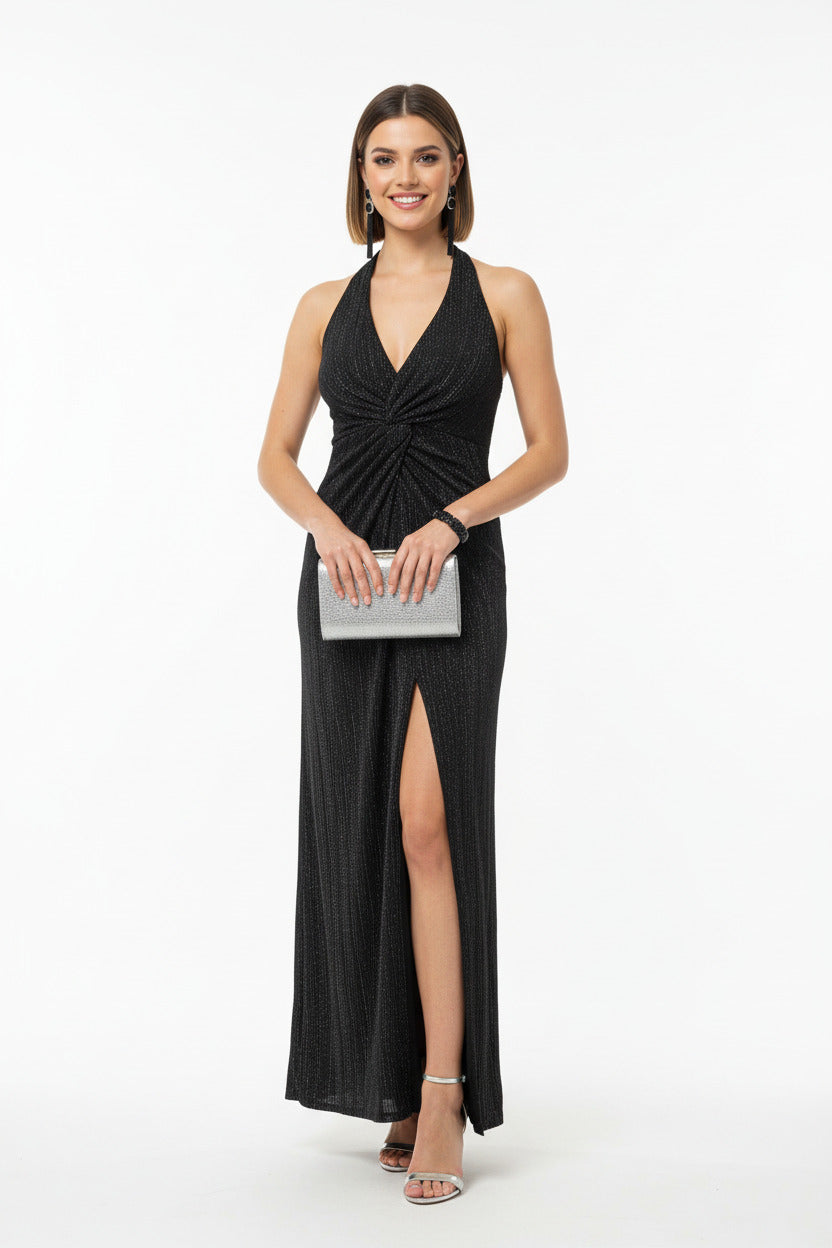 strapless open back dress Black Halter Long Party Dress with Sparkle