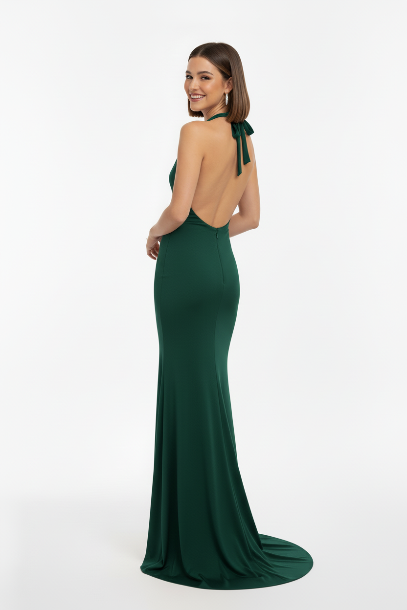 espalda vestido sirena cuello cascada verde oscuro