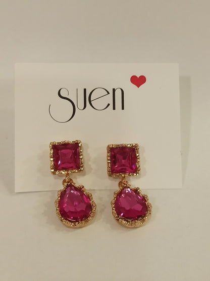 Pendientes Largos de Fiesta con Pedrería Fucsia