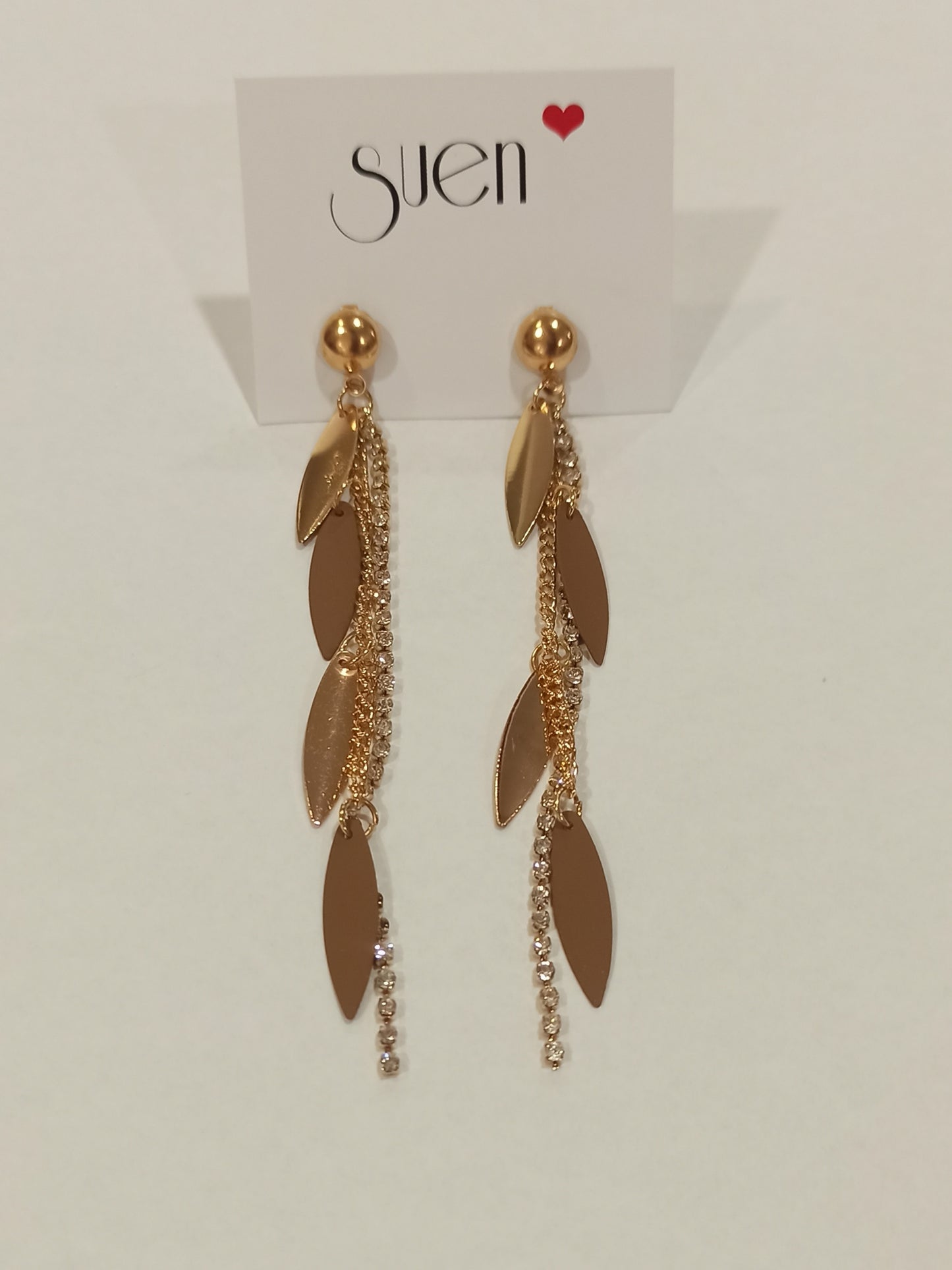 Pendientes Largos Dorados Hojas con Cadena de Cristales