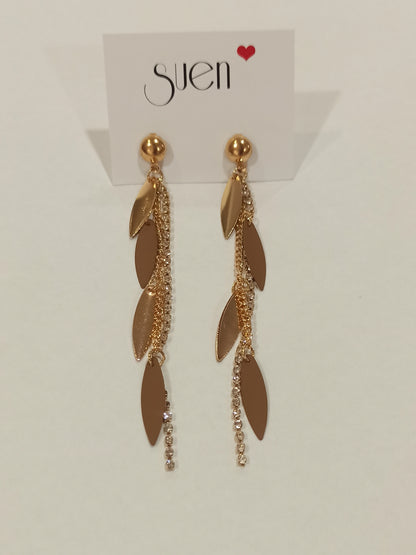 Pendientes Largos Dorados Hojas con Cadena de Cristales