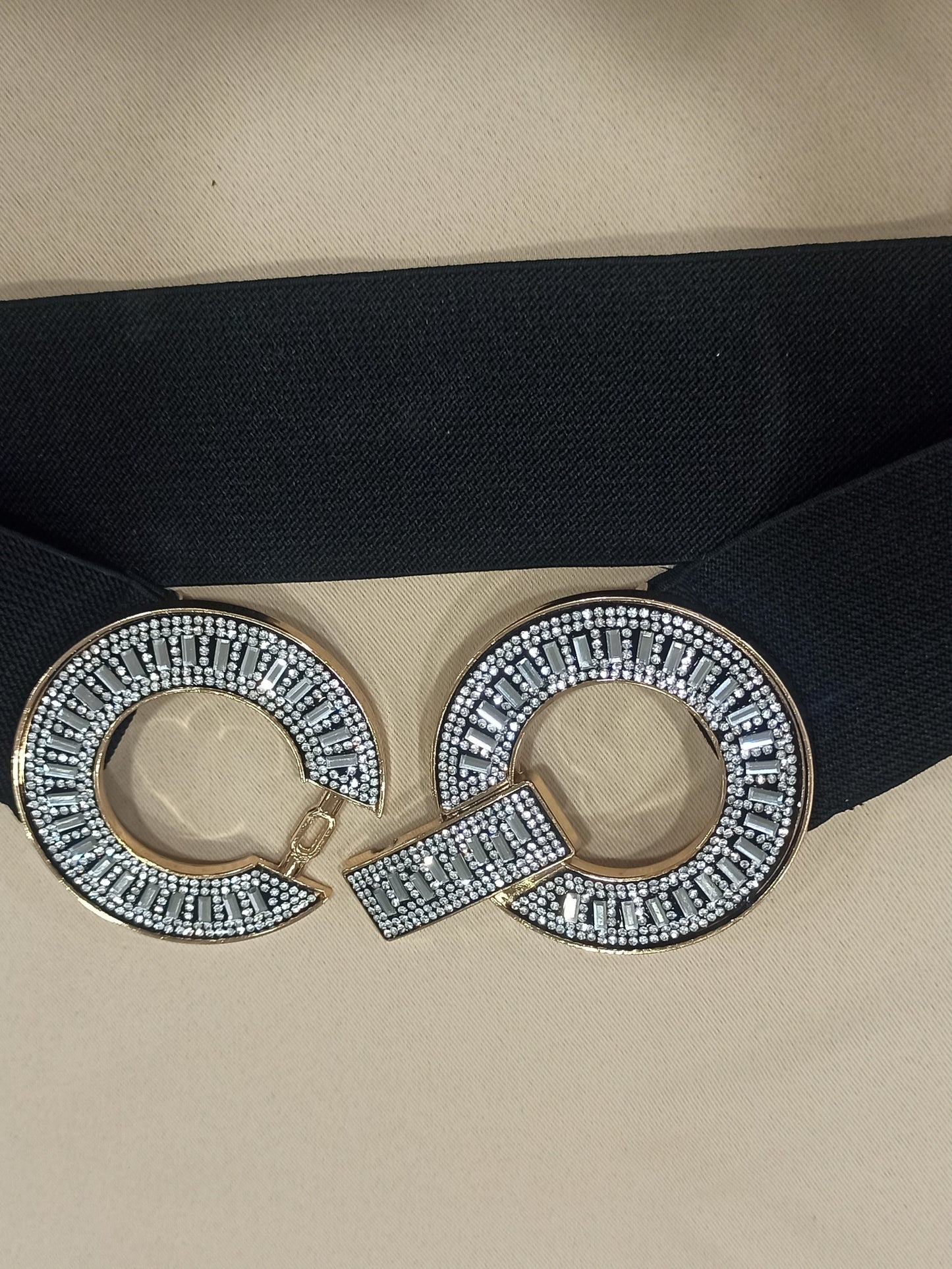 Cinturón elástico negro con hebilla de strass doble círculo