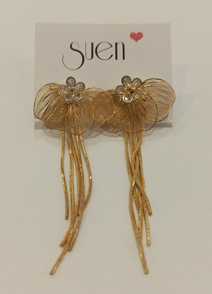 Pendientes largos dorados con flor y abanico