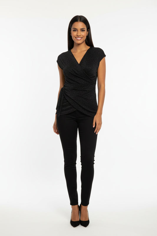 Top de Fiesta Negro con Brillos y Escote Cruzado Negro U (36 38 40) Licra