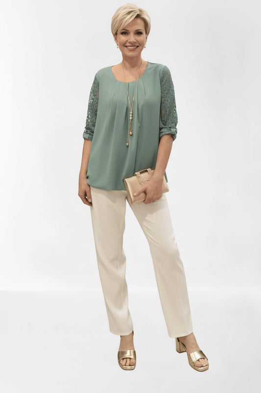 Blusa de fiesta elegante con manga de encaje y collar Verde claro U (36 38 40)