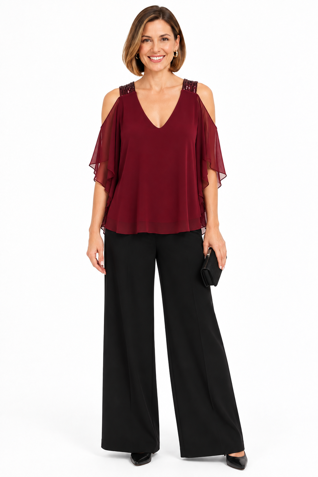 Blusa burdeos con lentejuelas y hombros descubiertos sobre , vista frontal