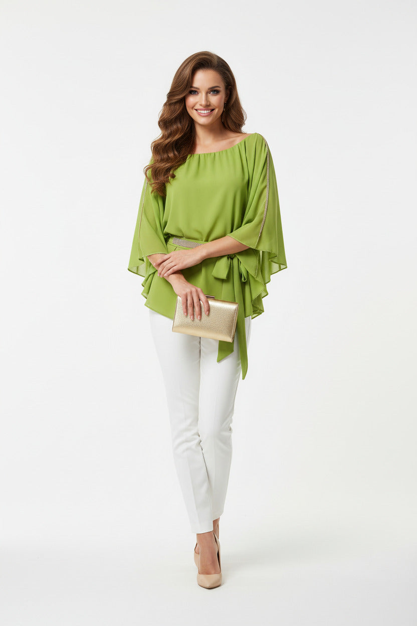 blusa de fiesta para eventos especiales con manga murcielago y pedreria pistacho-Vista frontal