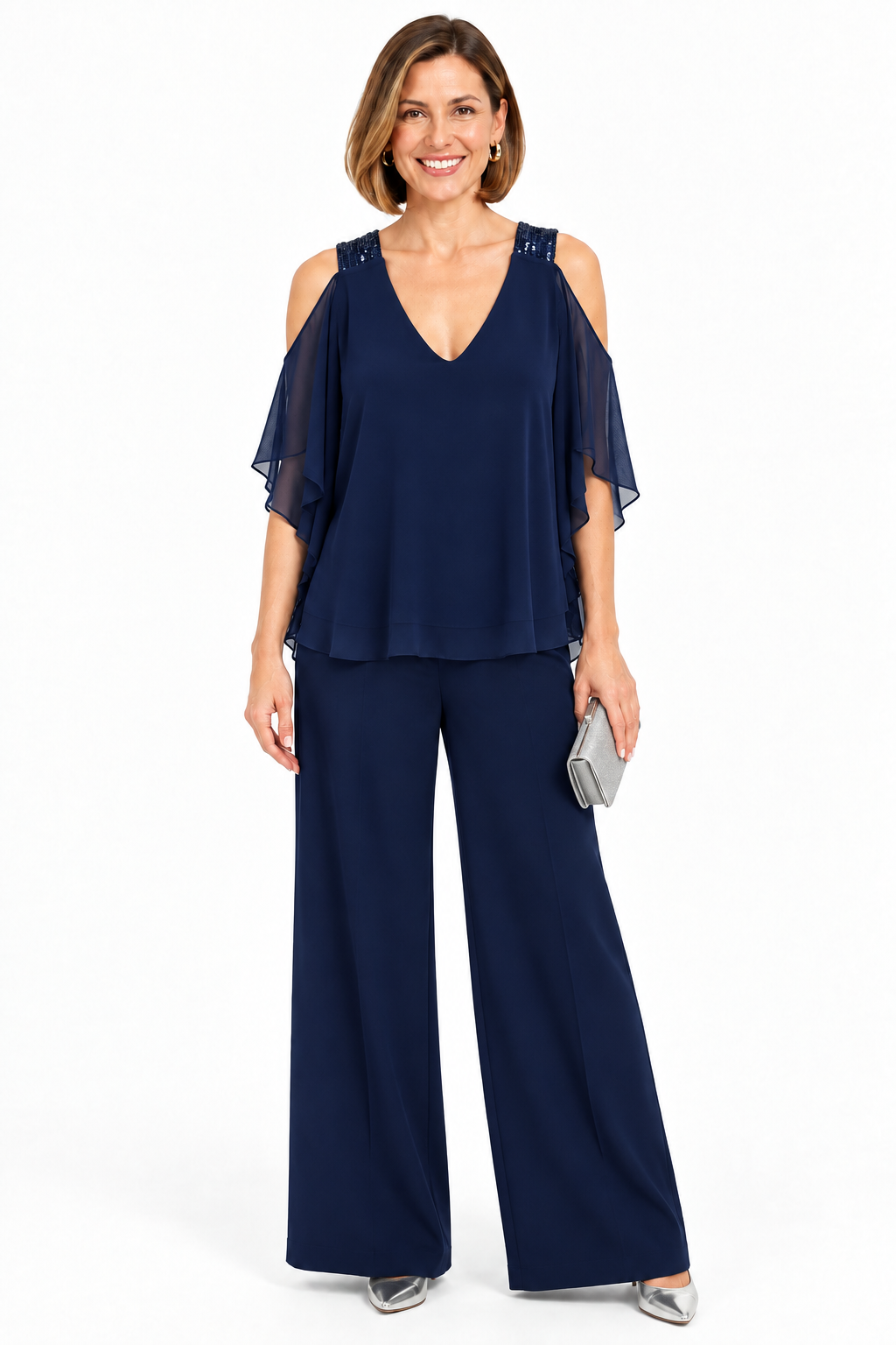blusa de fiesta  azul marino con hombros con lentejuelas