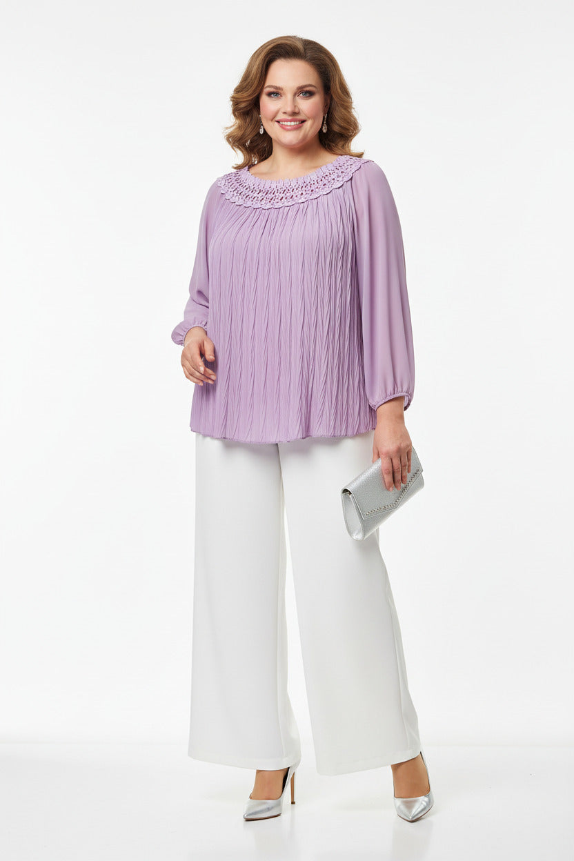 Blusa de fiesta talla grande con manga larga y plisados Lila SG (46 48 50)