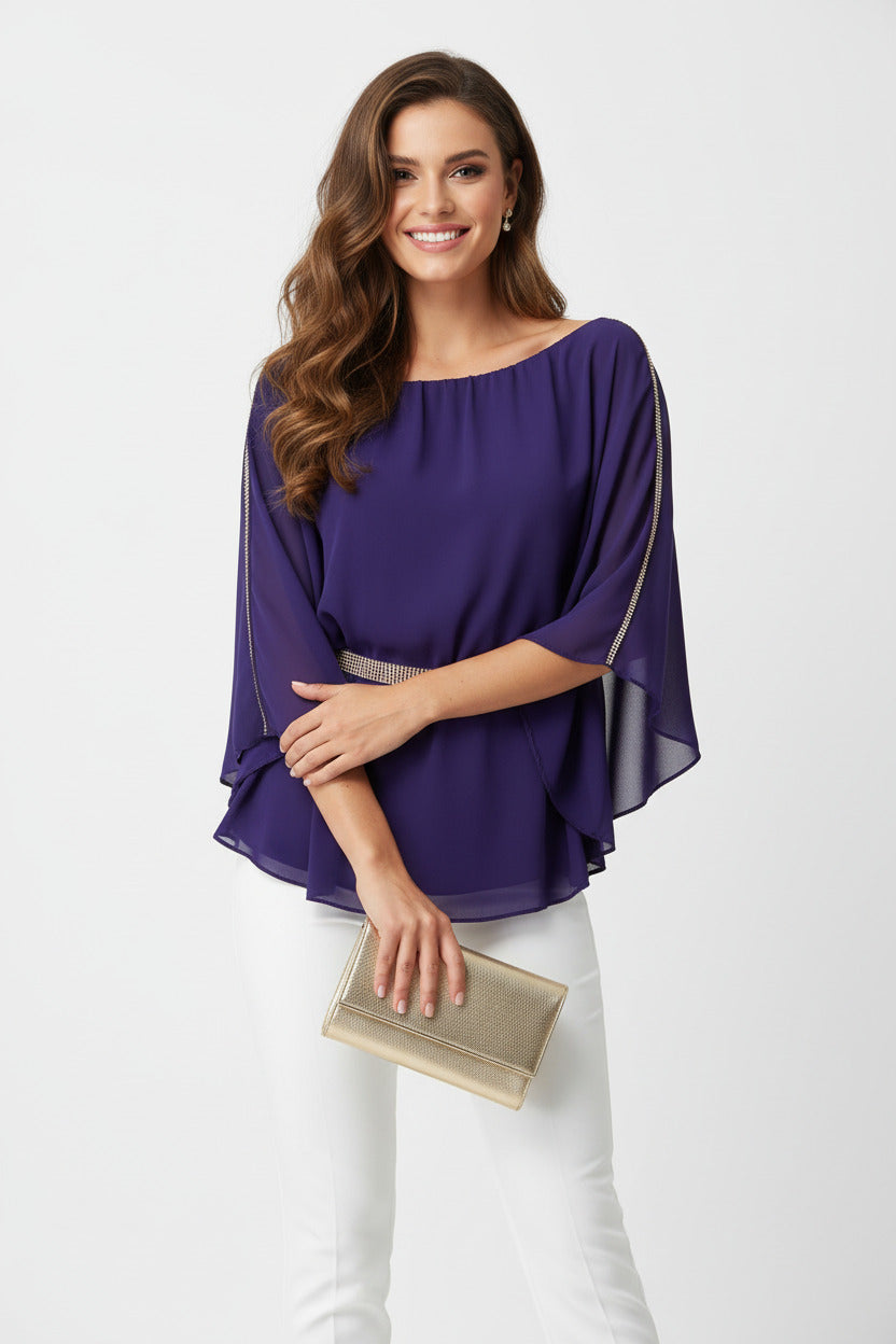 blusa de fiesta elegante con manga murcielago y pedreria morada-Vista frontal