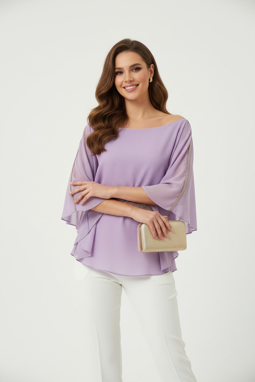 blusa de fiesta con manga murcielago y pedreria lila-Vista frontal