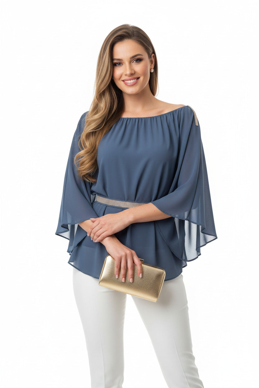 blusa de invitada con manga murcielago y pedreria azul gris-Vista frontal