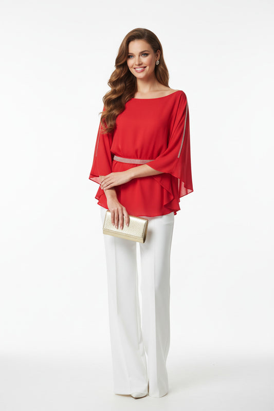 blusa de invitada a boda con manga murcielago y pedreria roja-Vista frontal