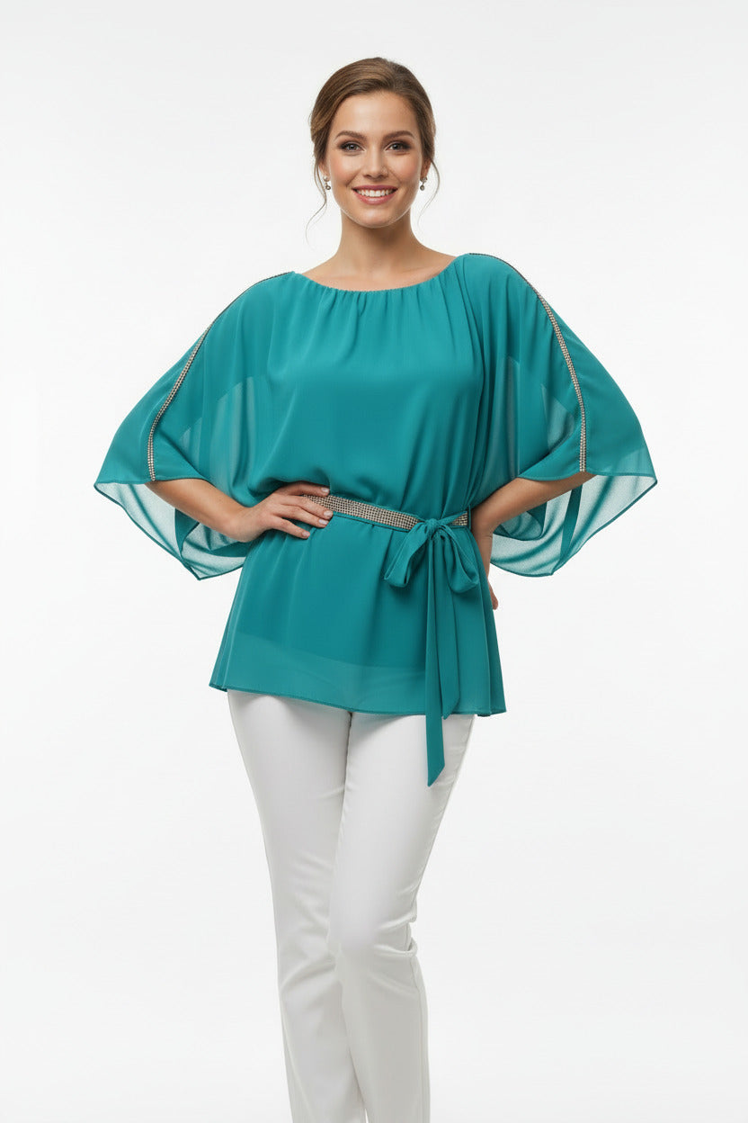 blusa de fiesta con manga murcielago y pedreria turquesa-Vista frontal