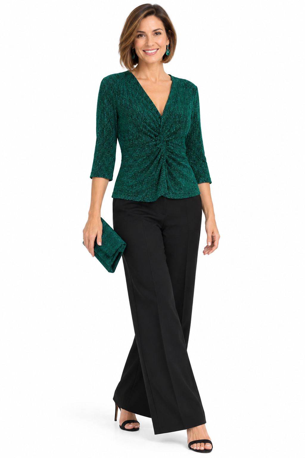 Blusa verde de lurex elástico sobre modelo, vista frontal