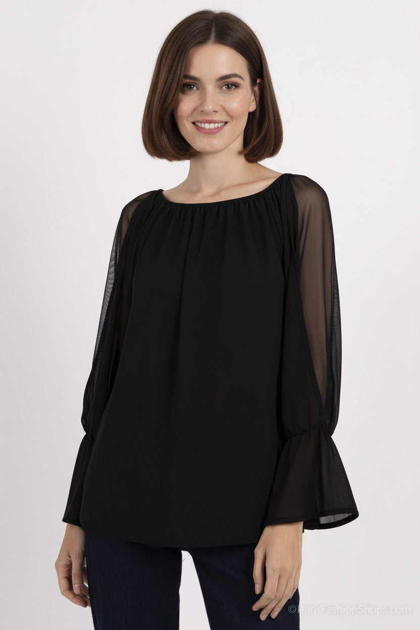 Blusa de Fiesta Manga Larga transparente Negro U (38 40 42)