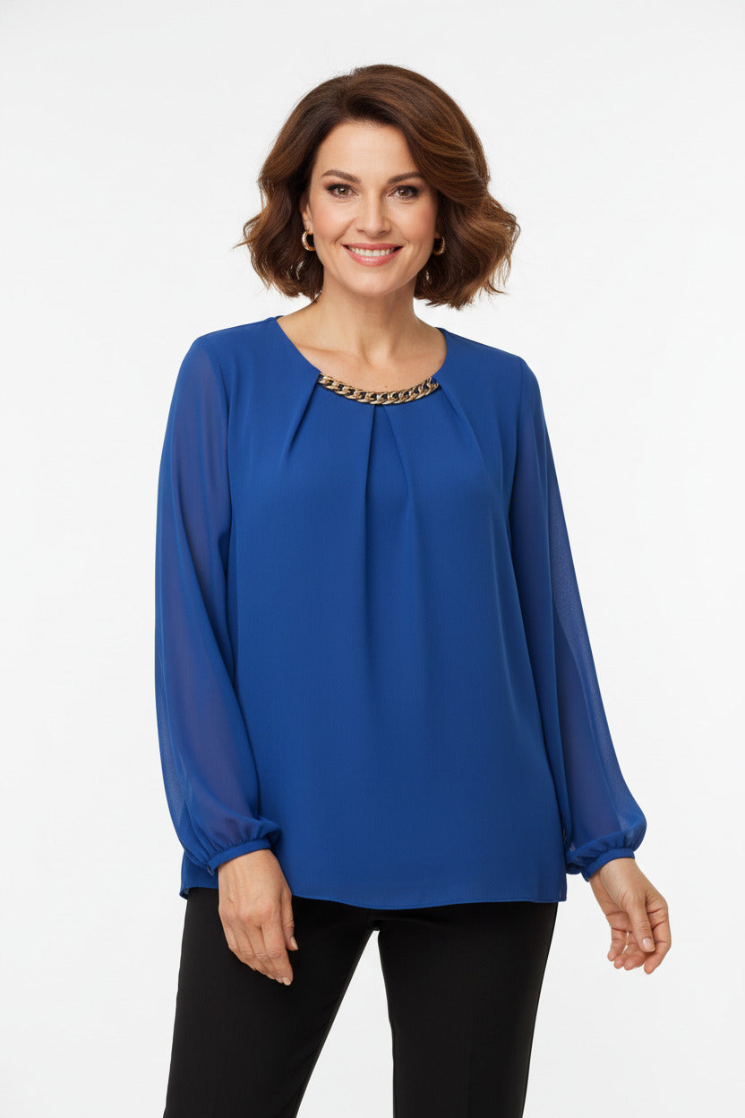 Blusón Elegante con cadena Dorada en el Cuello Azul 100% poliester