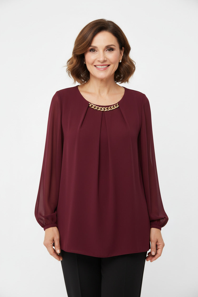 Blusón Elegante con cadena Dorada en el Cuello Burdeos 100% poliester