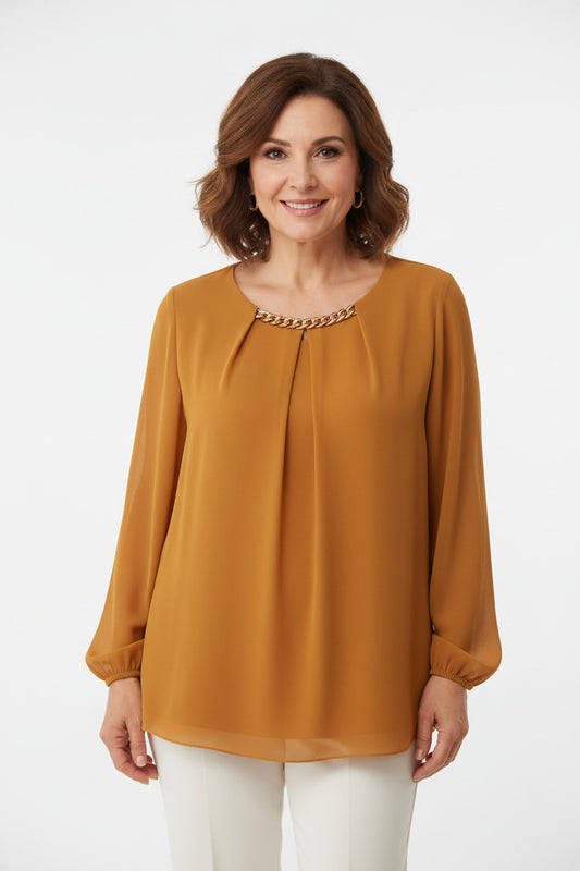 Blusón Elegante con cadena Dorada en el Cuello Mostaza 100% poliester