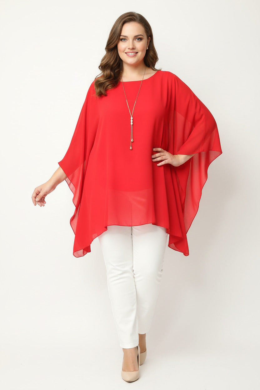 Blusón para invitada a boda con Capa Talla Grande con Collar - Diseño Elegante Rojo 