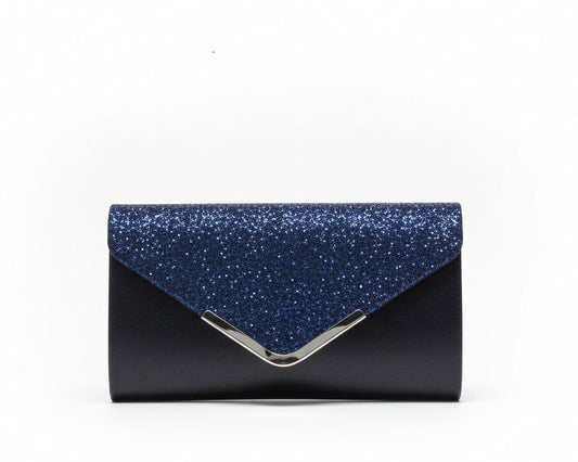 Bolso Clutch Azul Marino con Glitter y Detalle Plateado - Fiesta Azul marino