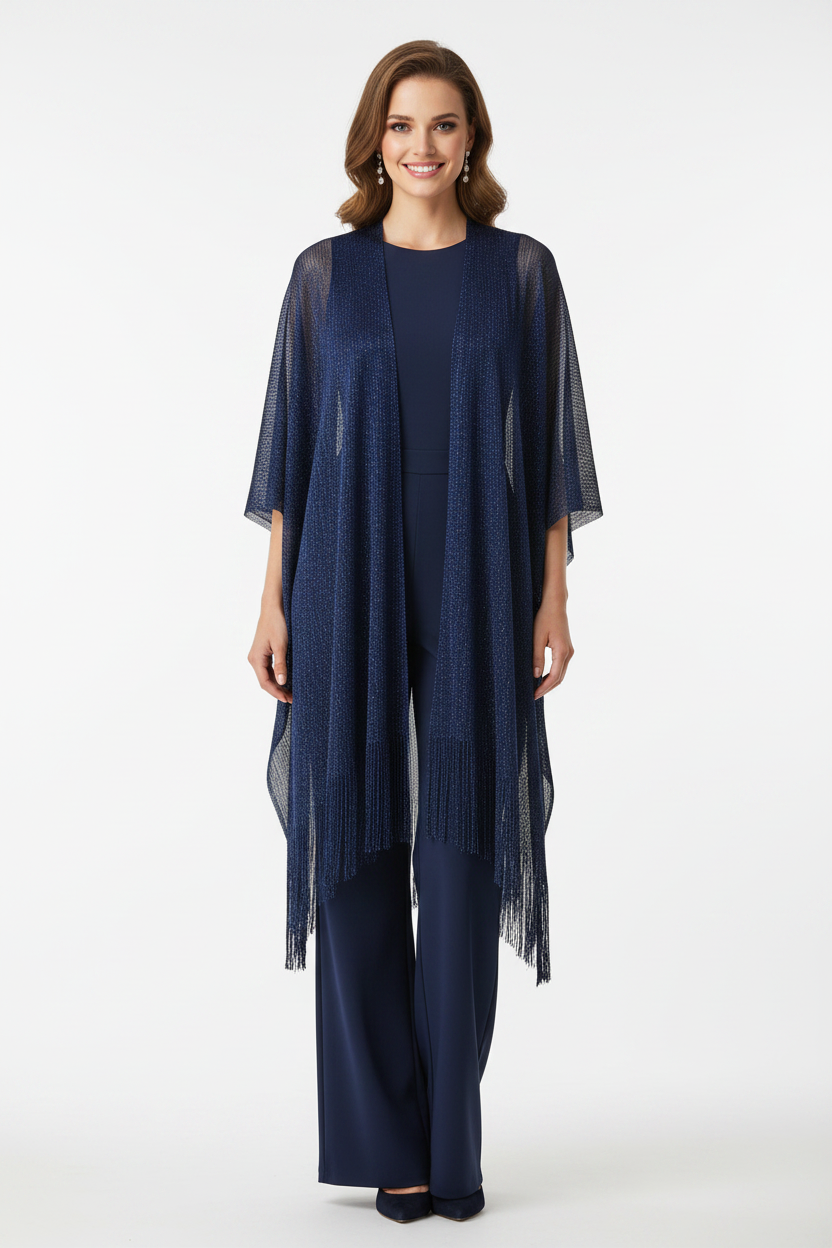 kimono azul marino con flecos y brillo