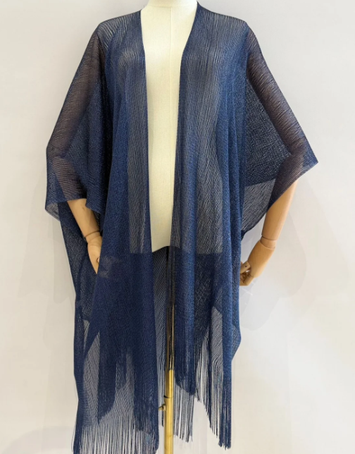 Capa kimono de malla con flecos - Marino