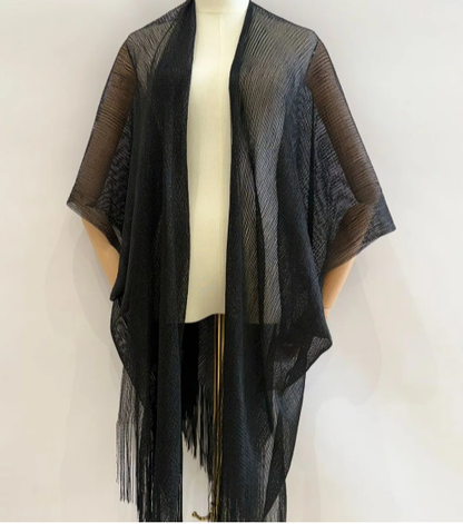 Capa kimono de malla con flecos - Negro