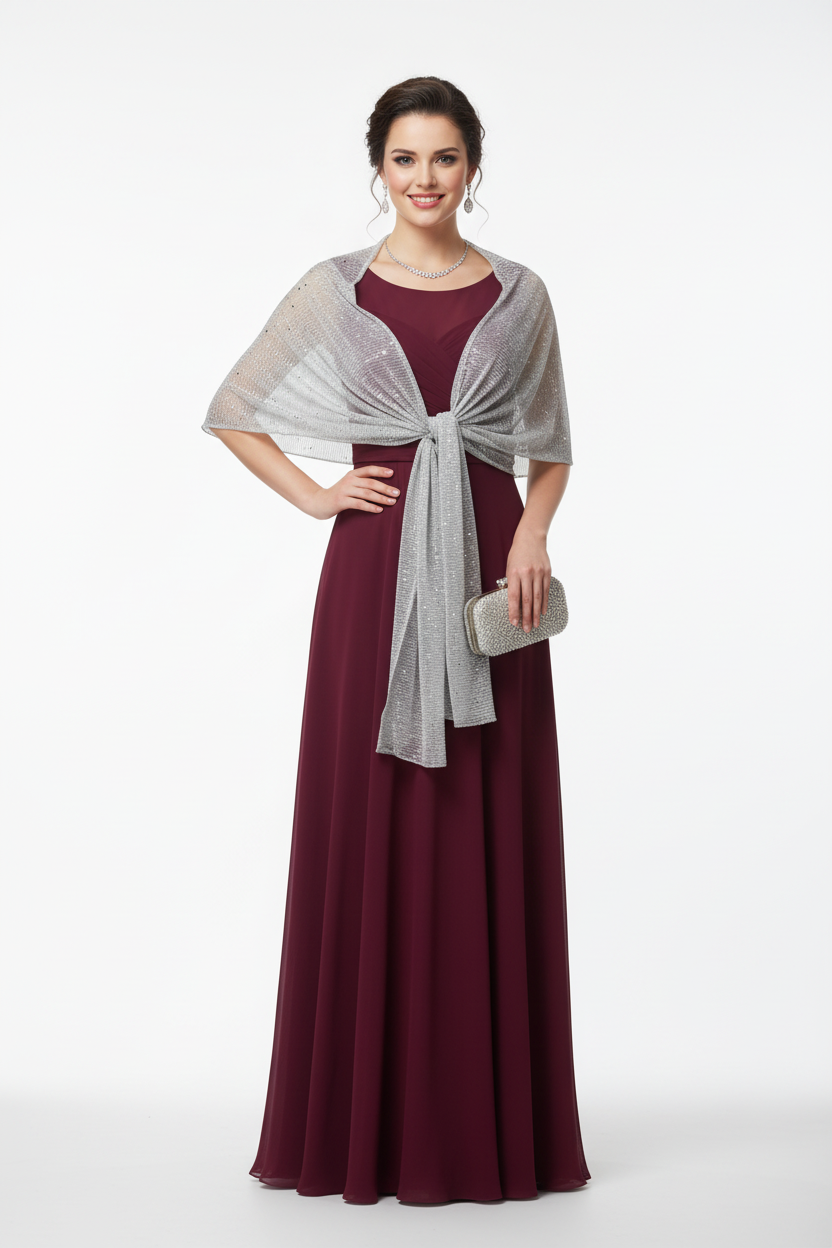 Modelo con vestido burdeos y chal plateado