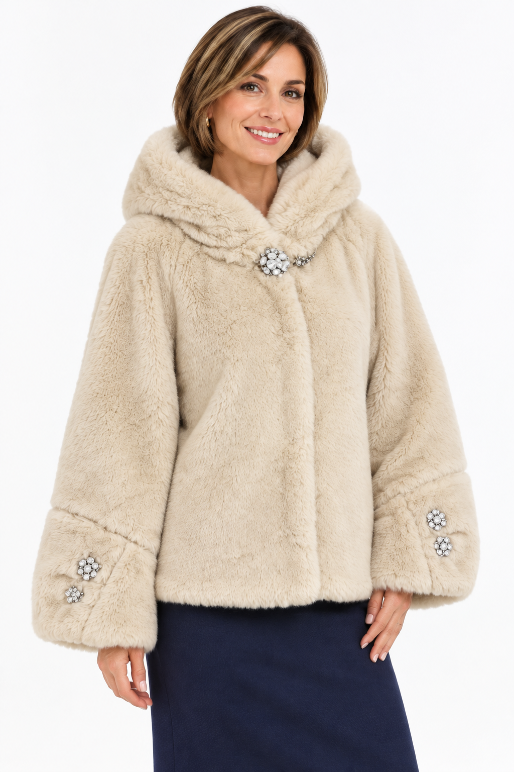 chaqueta de pelo beig con capucha