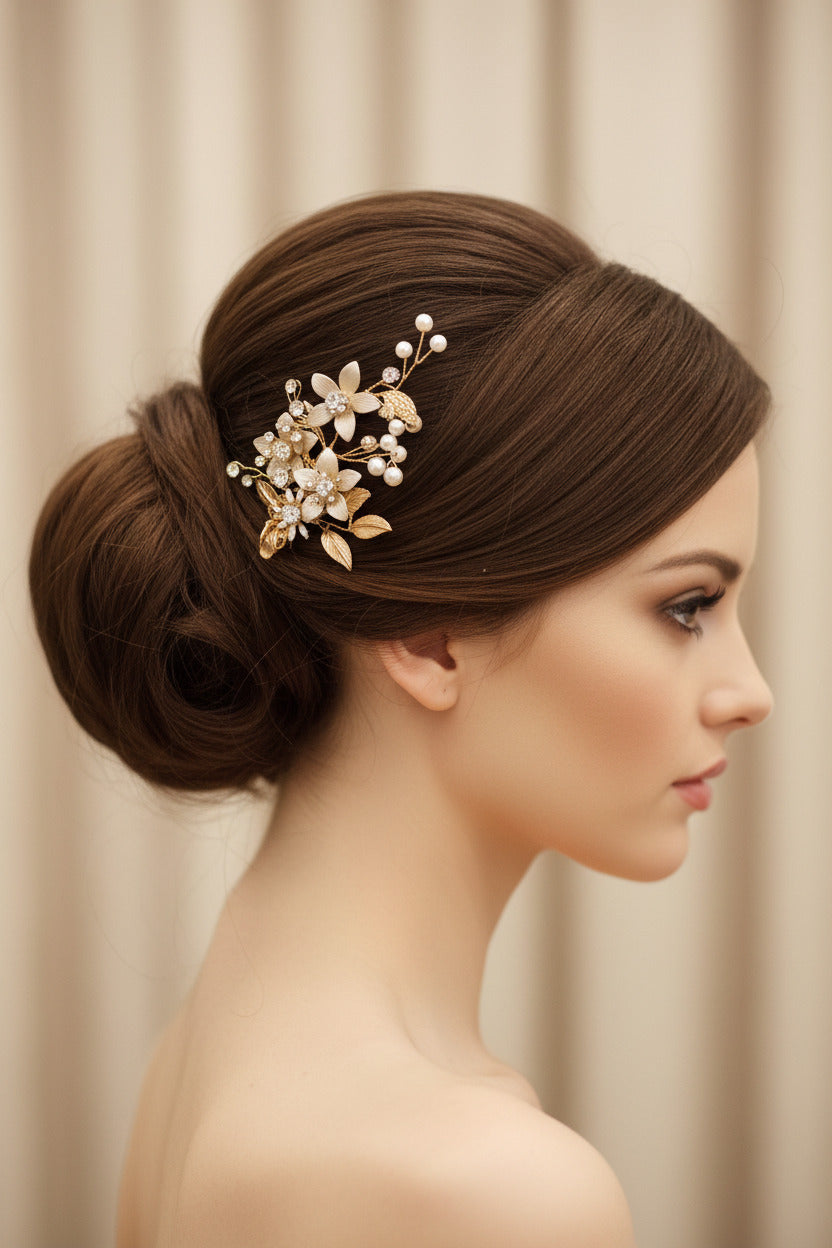 Clip pinza Dorado para el Pelo con Flores y Perlas Dorado