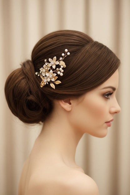 Clip pinza Dorado para el Pelo con Flores y Perlas Dorado