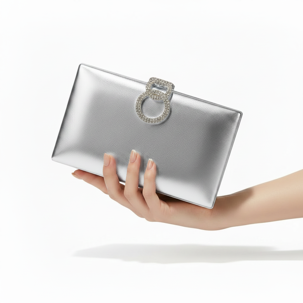 bolso plata clutch de fiesta con hebilla de brillos