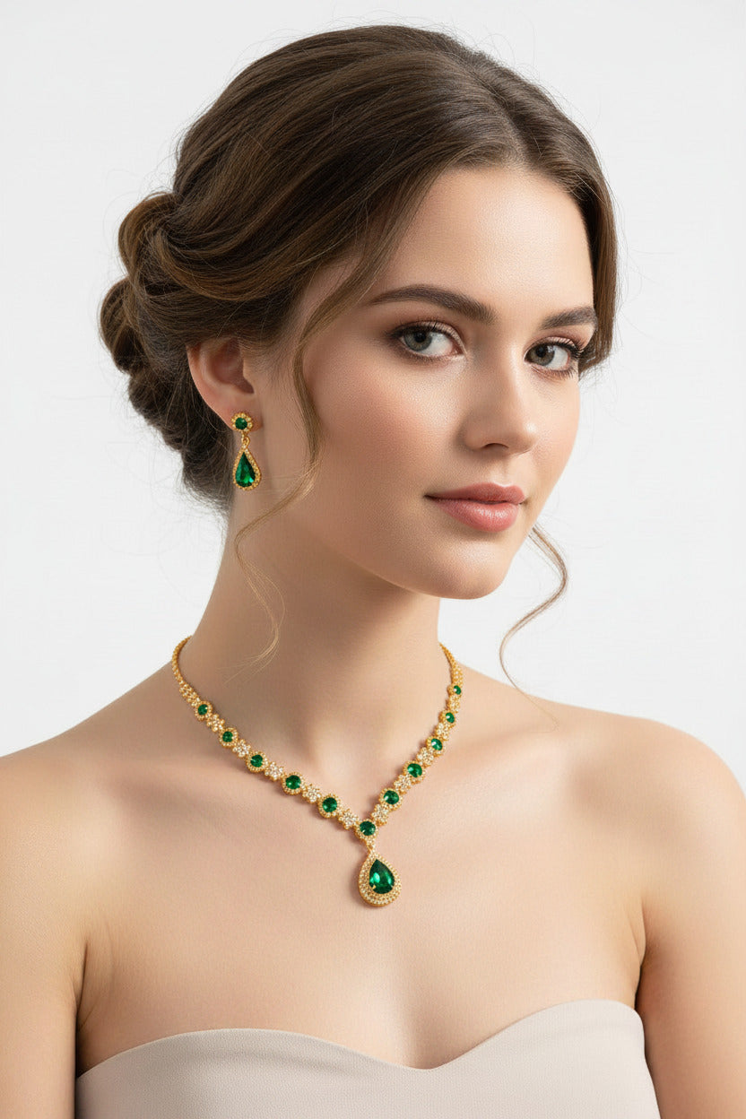 Conjunto Bisutería Pendientes y Collar Pedreía Verde