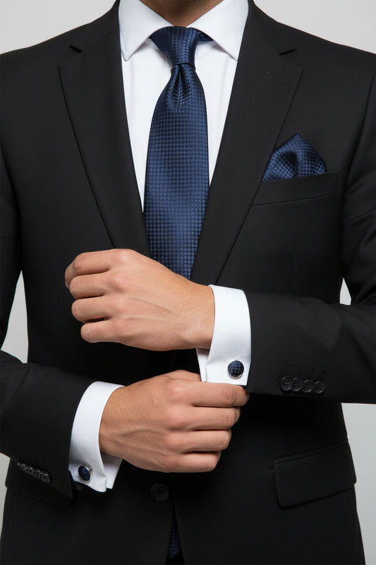 Set Corbata Azul Marino con Pañuelo y Gemelos Azul marino