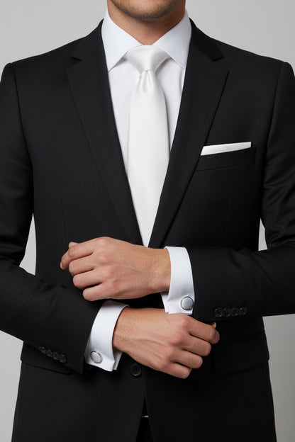 Set Corbata Blanca con Pañuelo y Gemelos Blanco