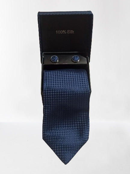 Set Corbata Azul Marino con Pañuelo y Gemelos