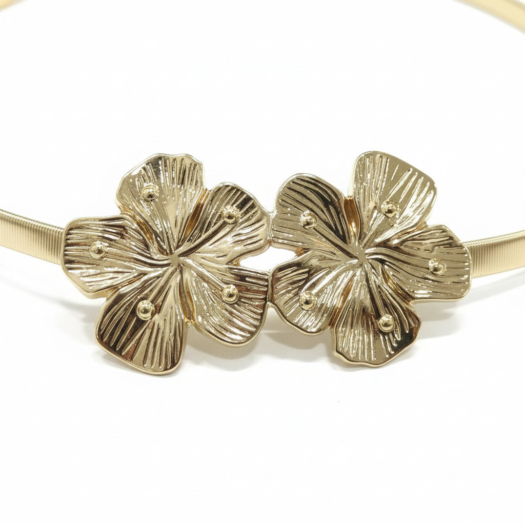 Cinturón Elástico Dorado con Flores - Cierre Frontal Elegante