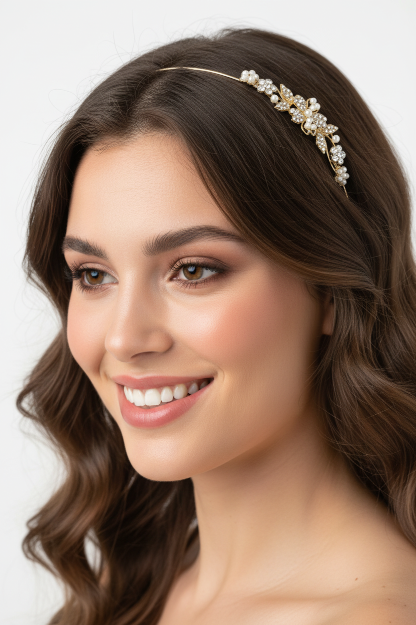  diadema dorada de flores y perlas