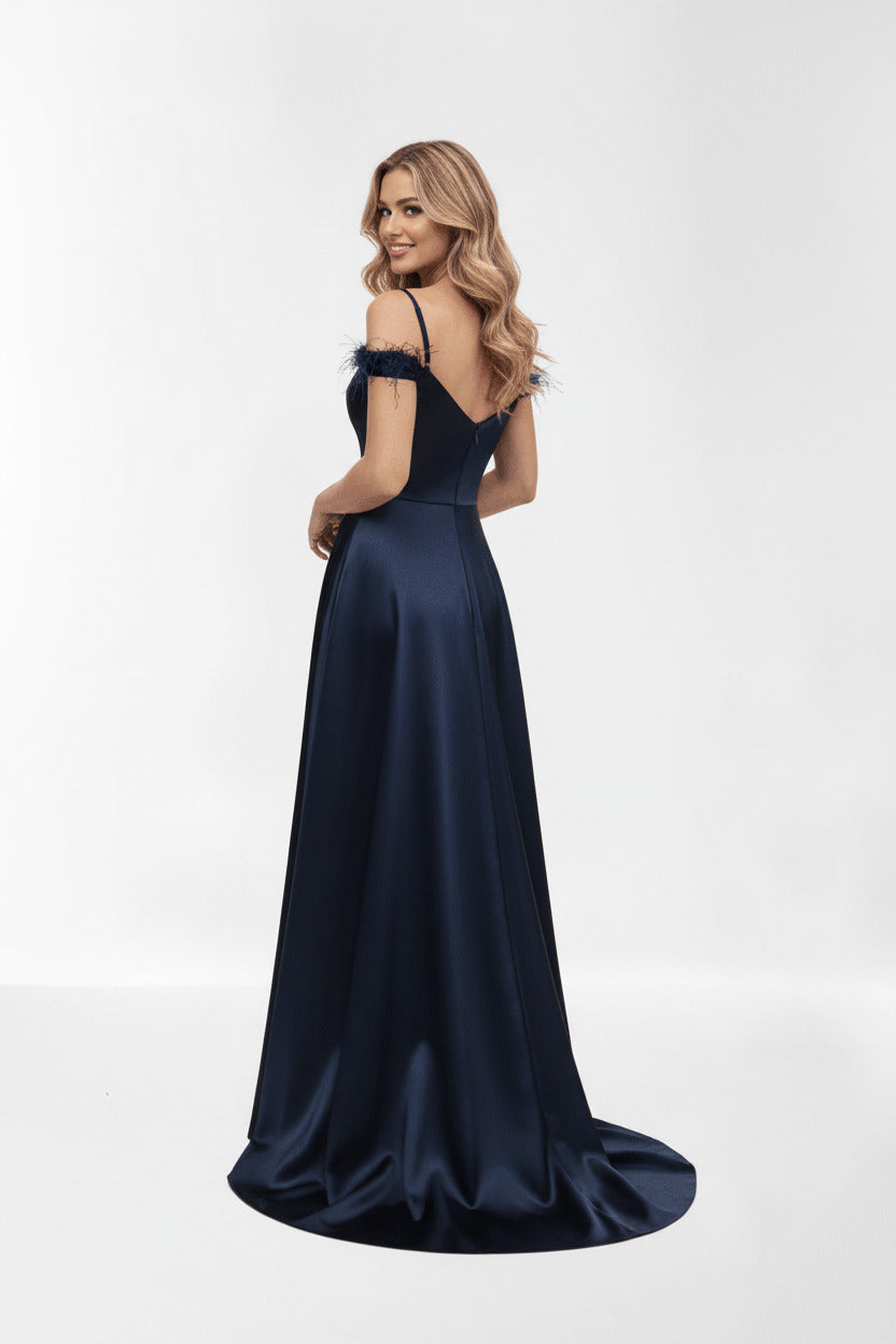 Vestido de Fiesta Largo Doha - Mikado Escote Corazón azul marino-Vista trasera