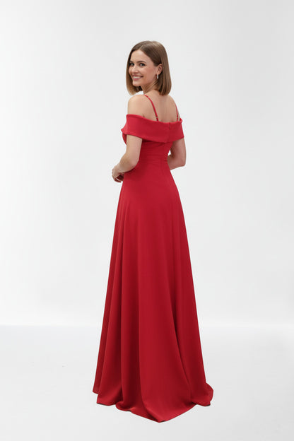 Espalda Vestido de fiesta largo para eventos con escote bardot color rojo